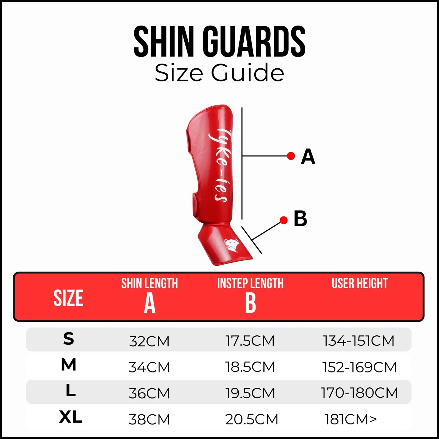 Tyke-ies Protect shin guards size guide UK showing sizing by user height.