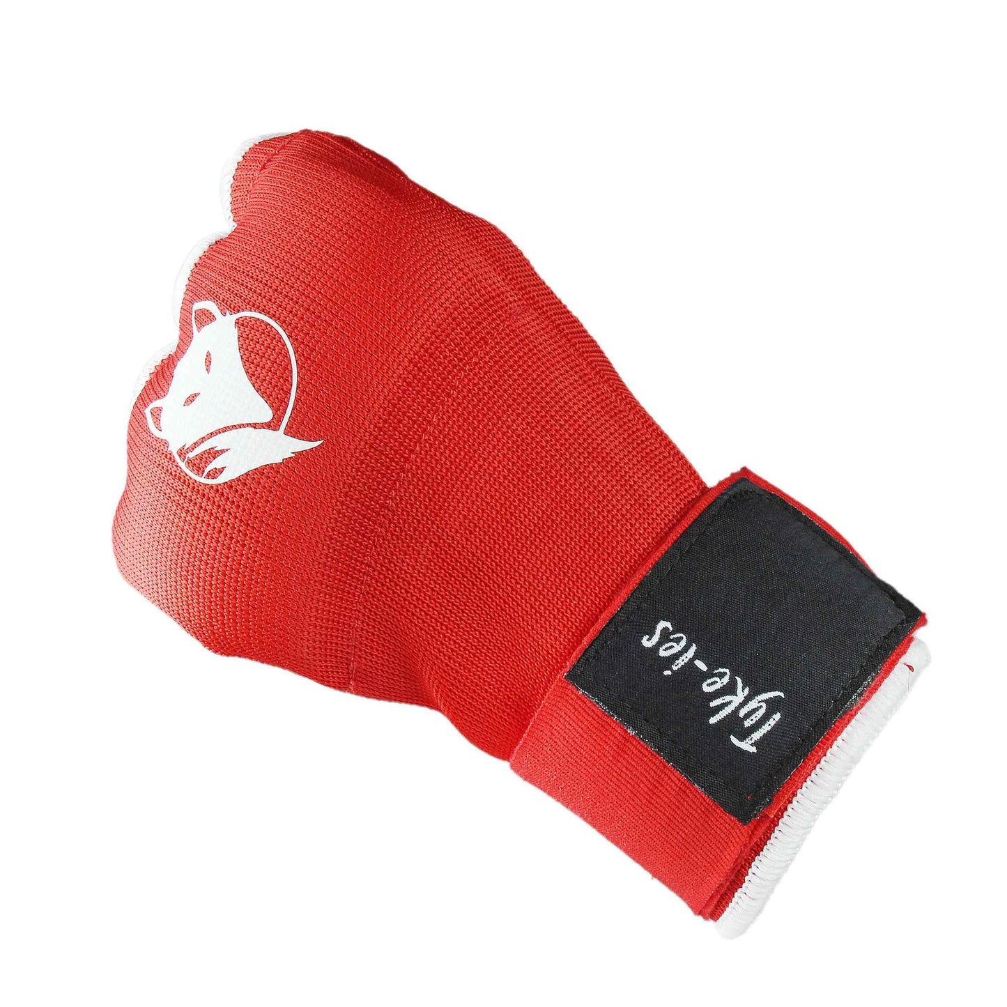 Red Tyke-ies Keen inner gloves on-hand displaying the secure fit under boxing gloves.
