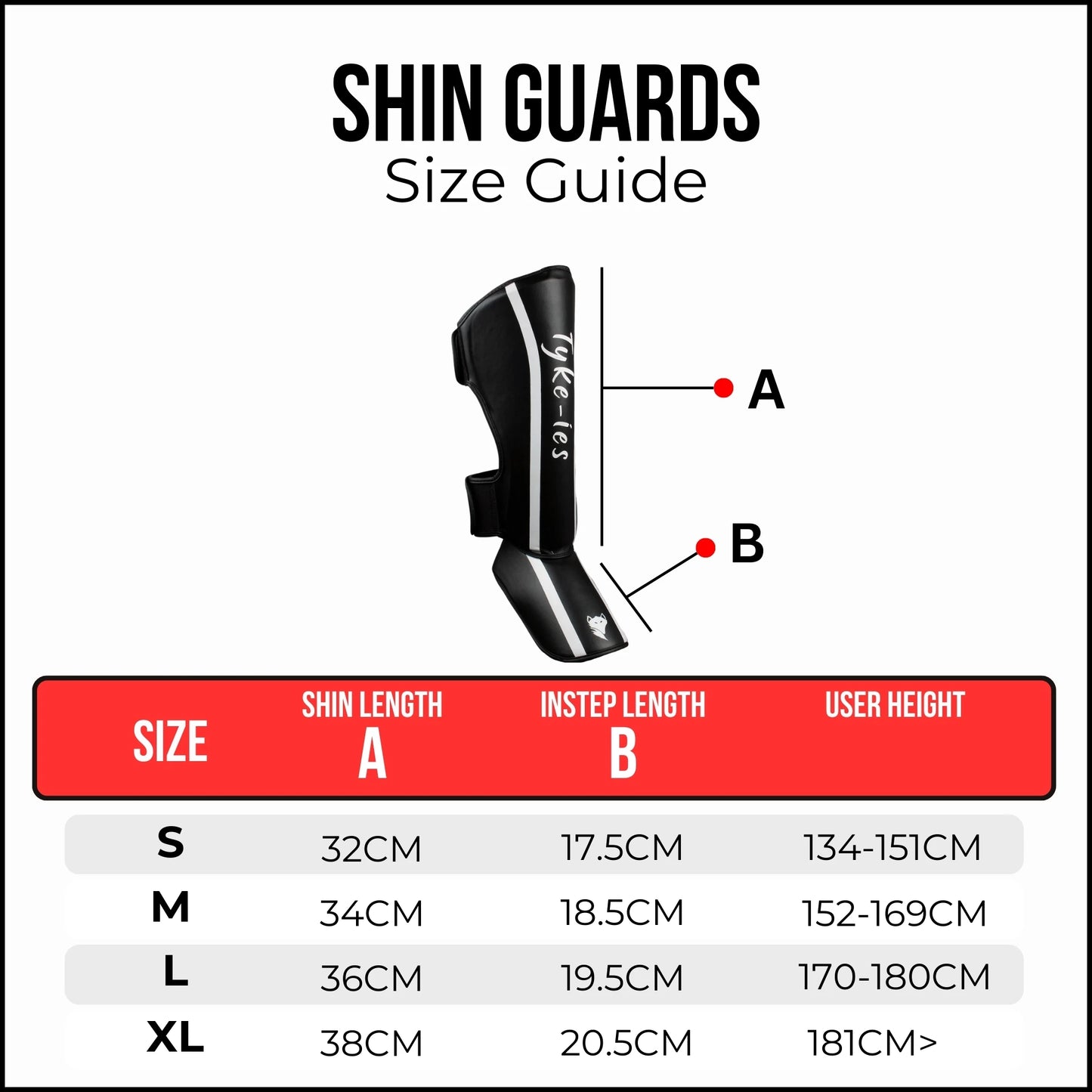 Tyke-ies Defend shin guards size guide UK showing sizing by shin and instep length.