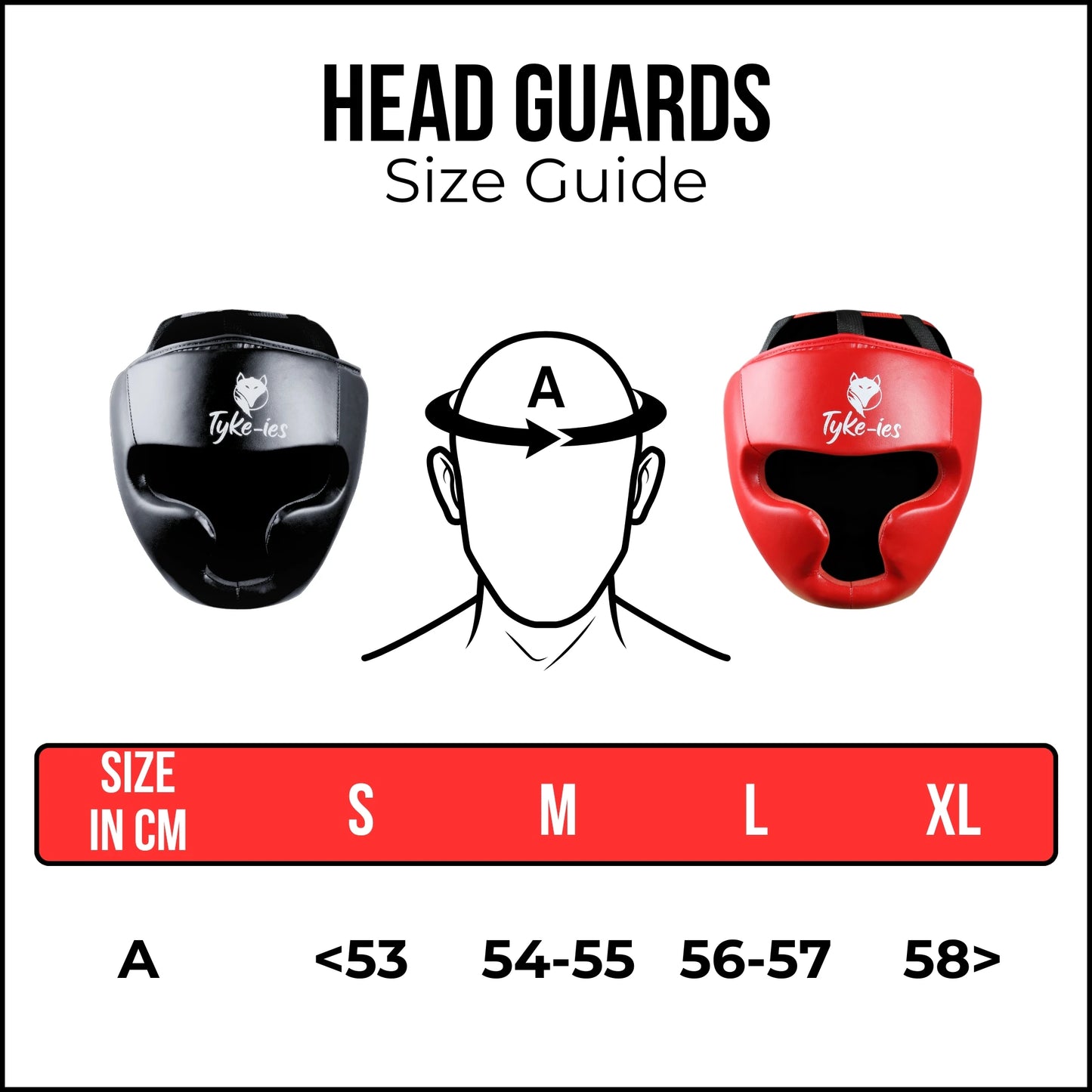 Tyke-ies headguards size guide UK showing head protection sizes and fit guidance.