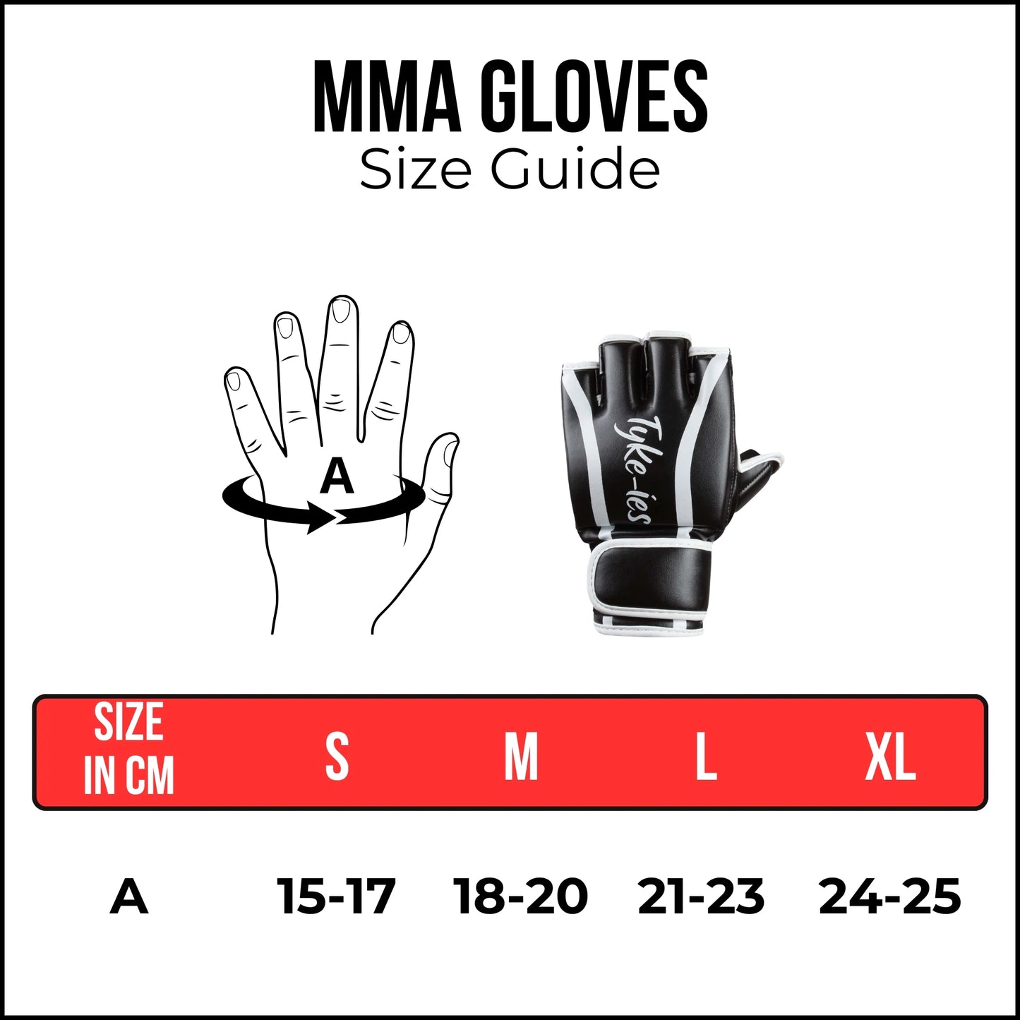 Tyke-ies MMA gloves size guide UK showing glove sizes and fit.