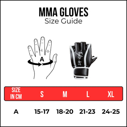 Tyke-ies MMA gloves size guide UK showing glove sizes and fit.