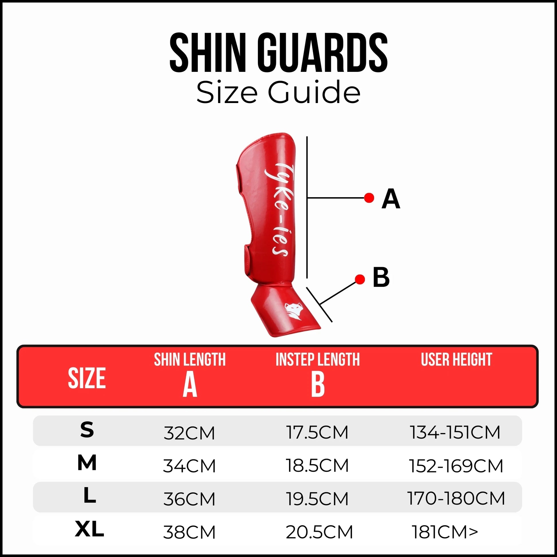 Tyke-ies Protect shin guards size guide UK showing sizing by user height.