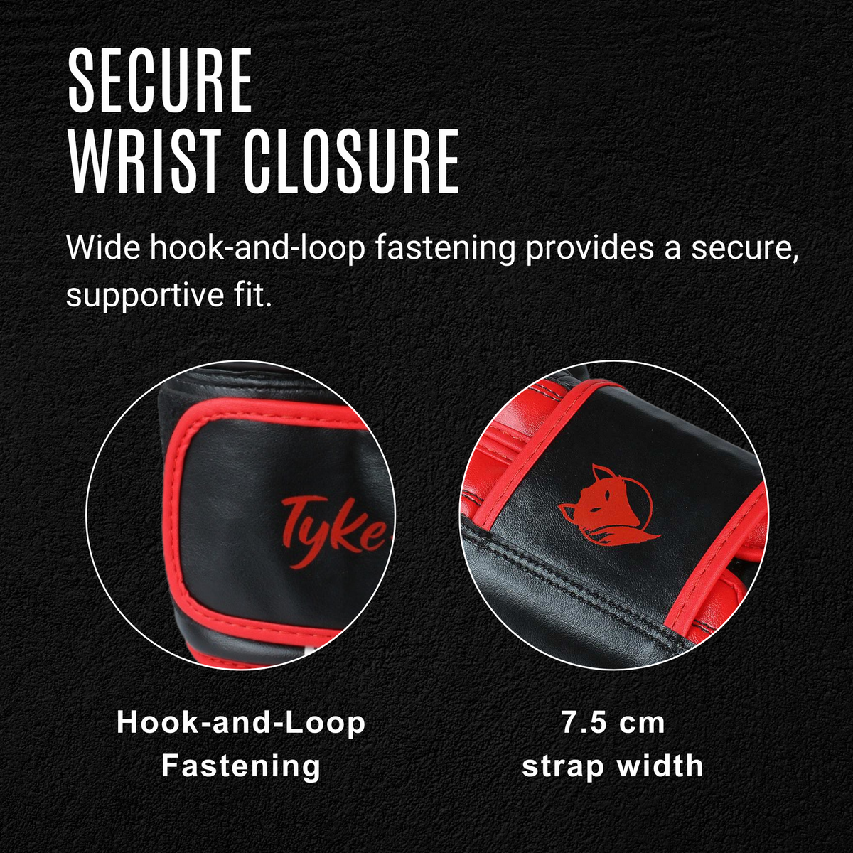 Tyke-ies black and red SWIFT boxing gloves with secure hook-and-loop wrist closure