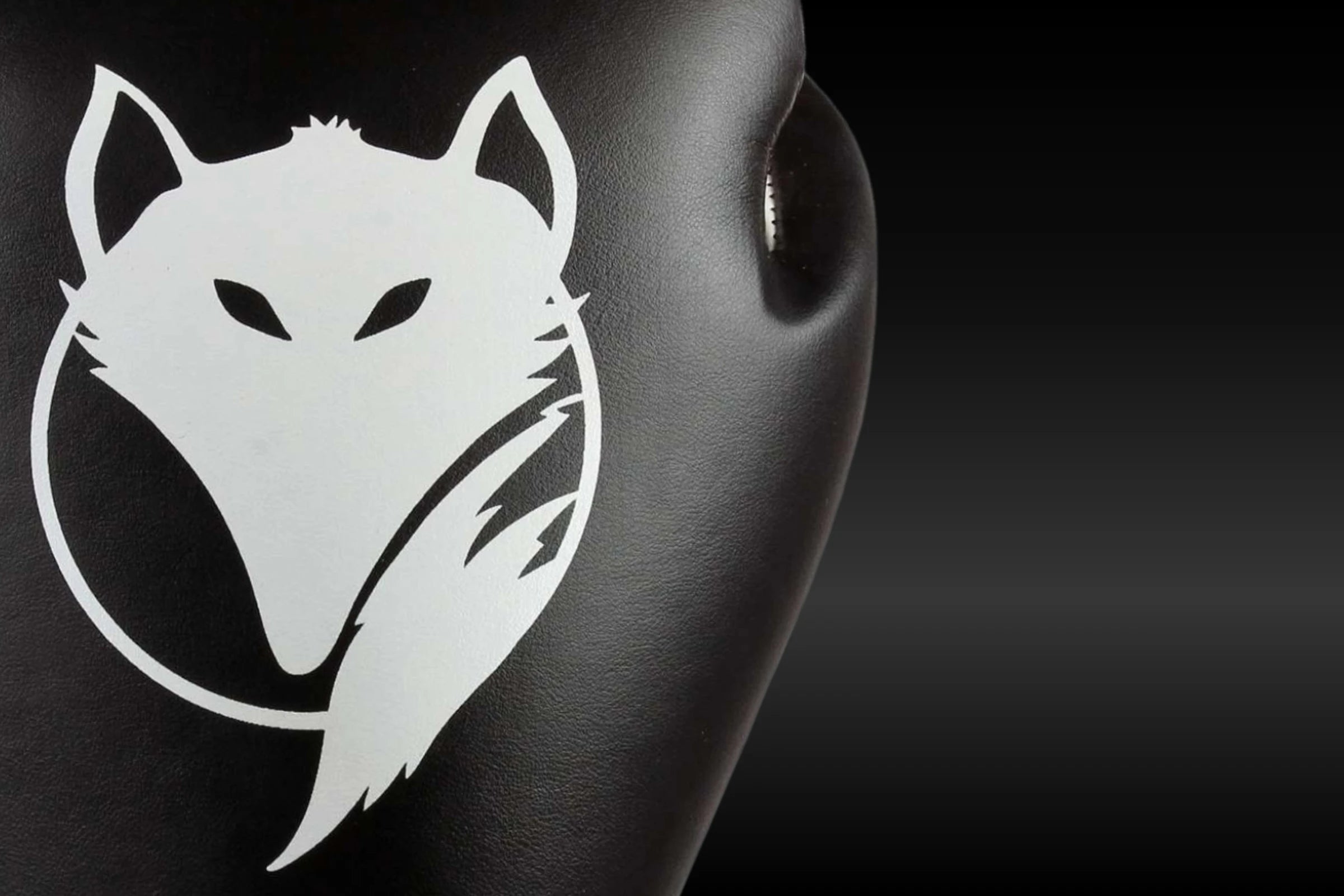 Close-up detail of the Tyke-ies Fox logo on a professional boxing glove made from durable DX PU leather.
