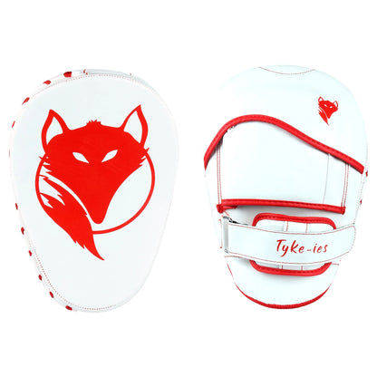 Pair of white and red Tyke-ies Bulls-Eye focus pads with a secure strap and durable build.