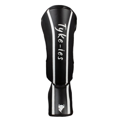Technical detail of black Tyke-ies Defend shin guard showing reinforced instep padding.