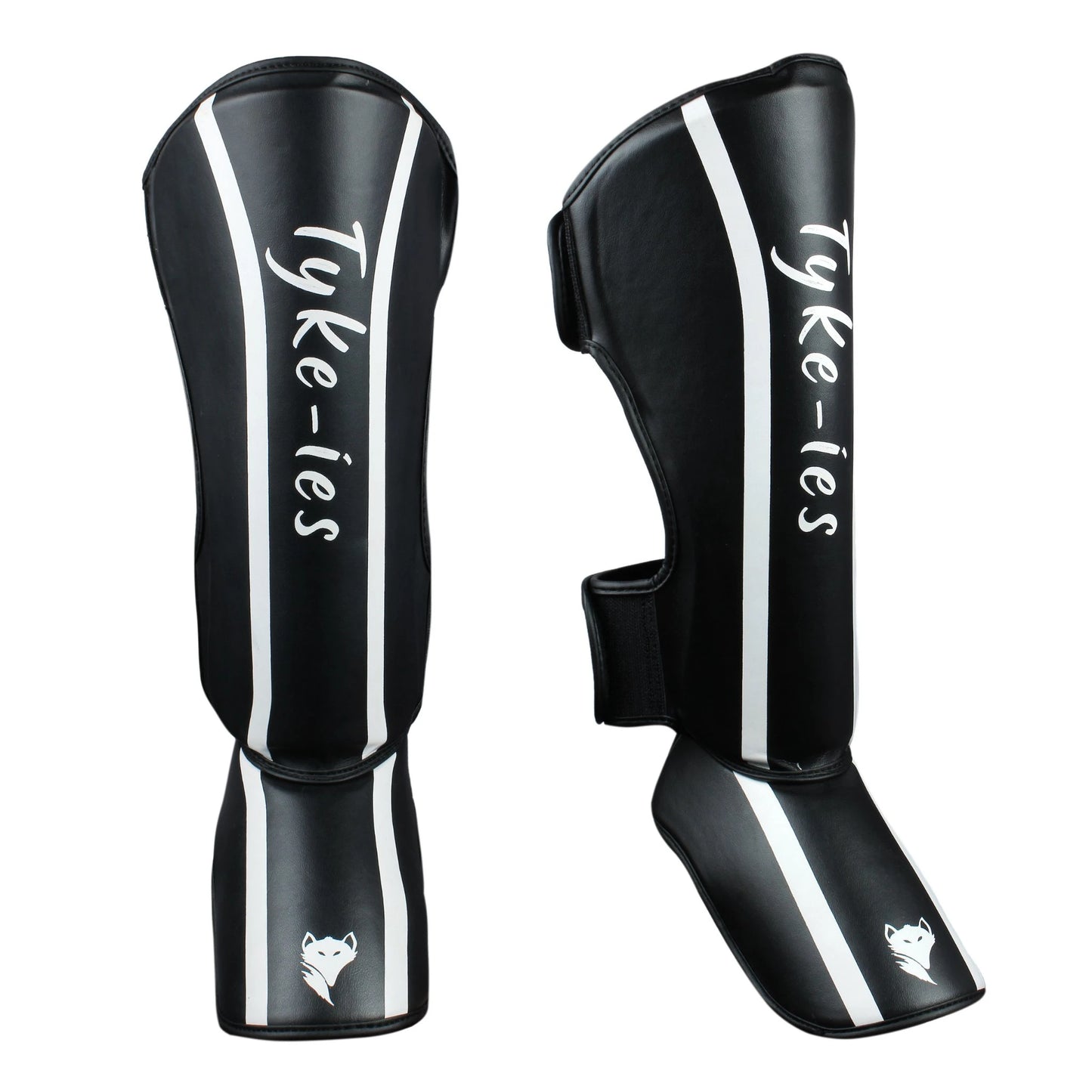 Front view of black Tyke-ies Defend shin guards for MMA and Muay Thai sparring.