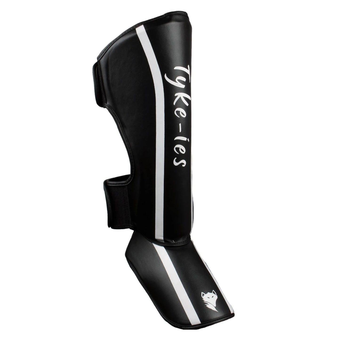 Side view of black Tyke-ies Defend shin guards showing the dual non-slip straps.