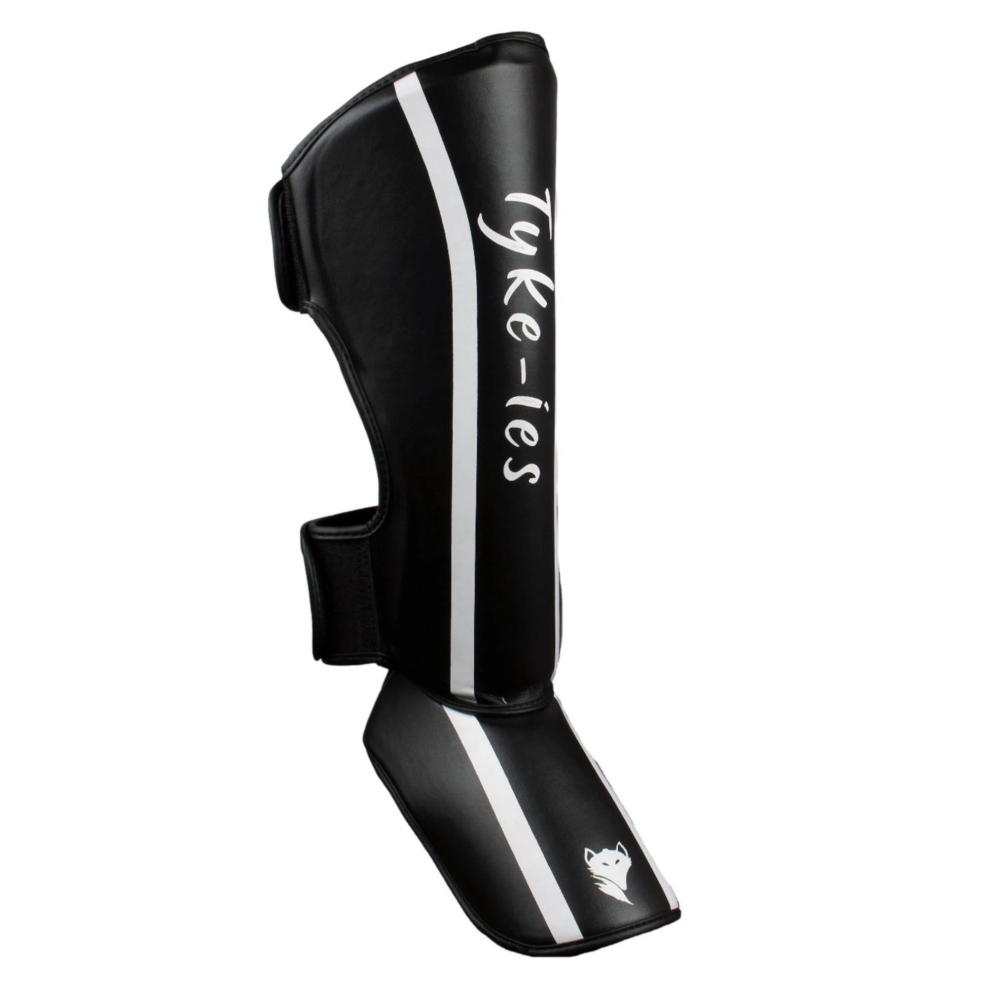 Side view of black Tyke-ies Defend shin guards showing the dual non-slip straps.