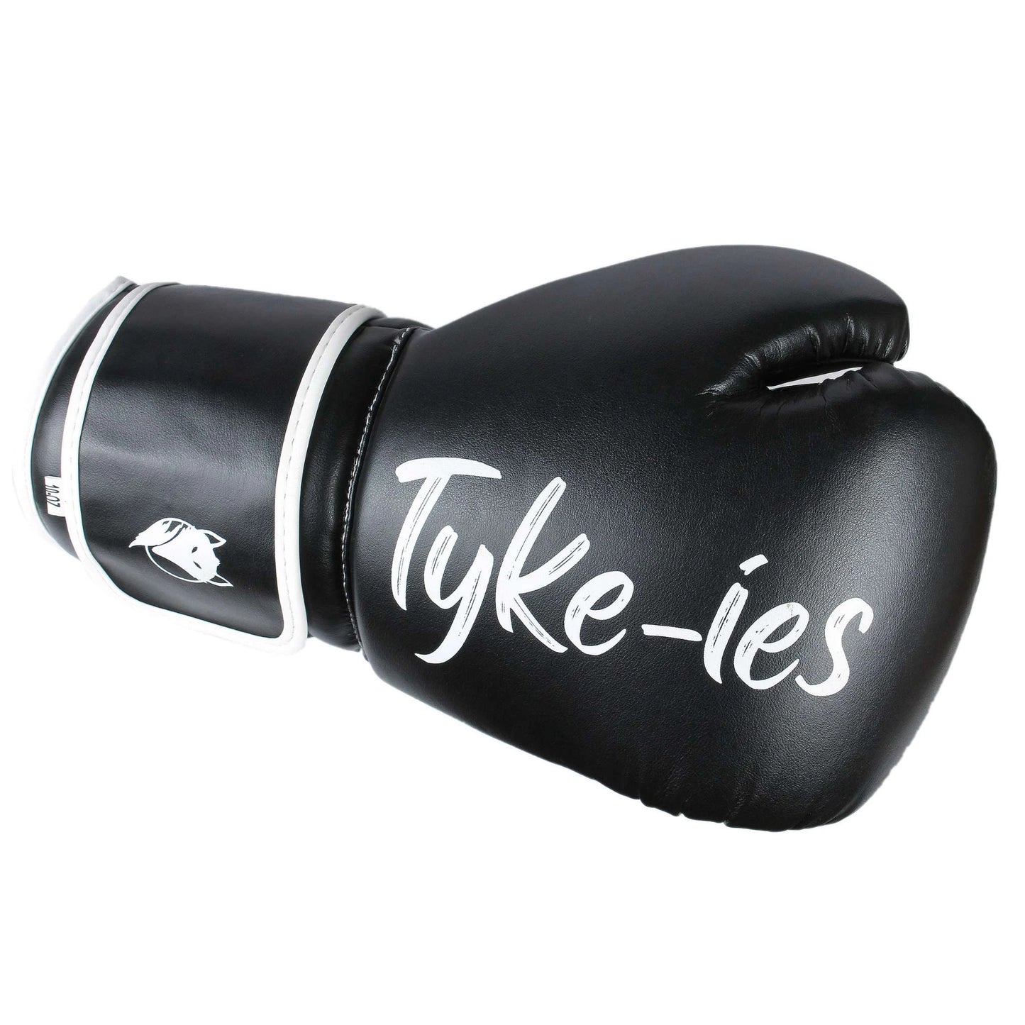 Back hand view of black Tyke-ies Agile boxing gloves highlighting the protective multi-layer padding.