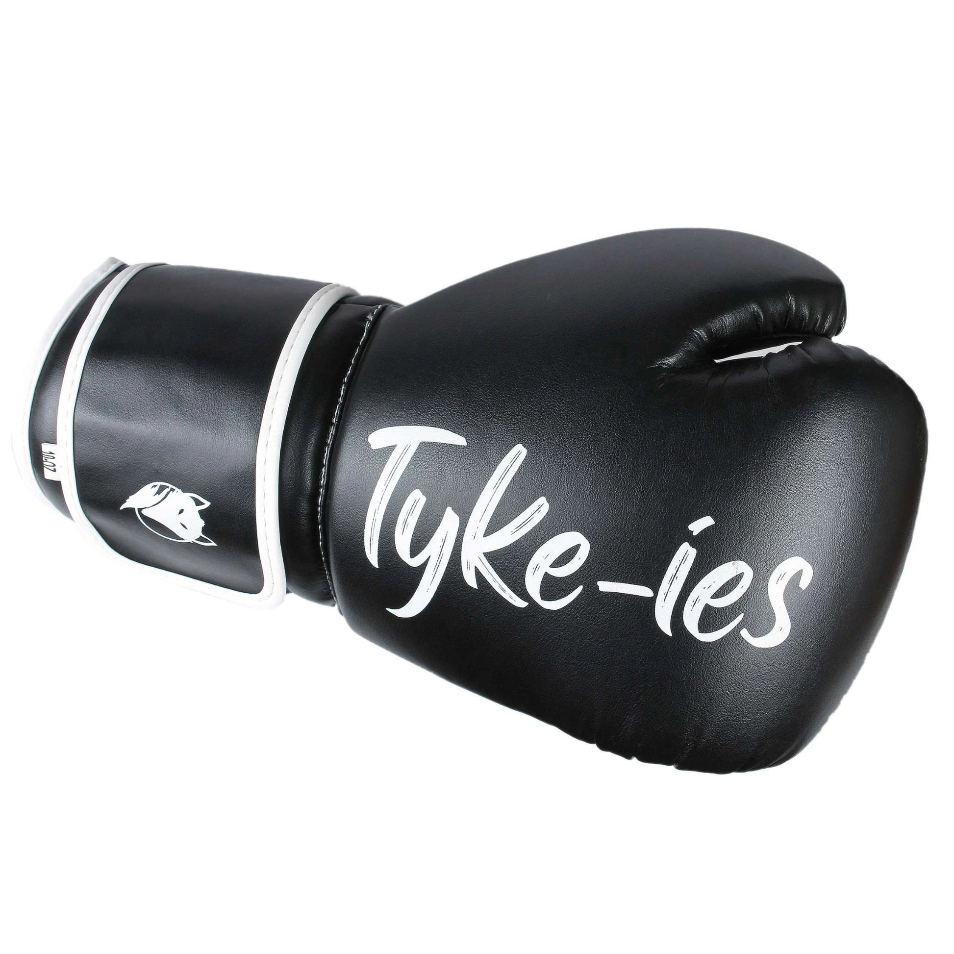 Back hand view of black Tyke-ies Agile boxing gloves highlighting the protective multi-layer padding.