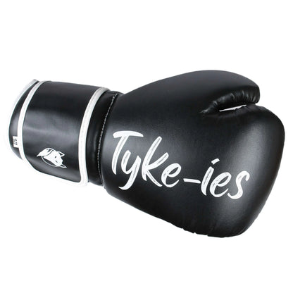 Back hand view of black Tyke-ies Agile boxing gloves highlighting the protective multi-layer padding.