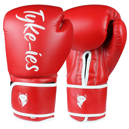 Red Tyke-ies Agile boxing gloves pair showing the contrast between the outer shell and inner palm.