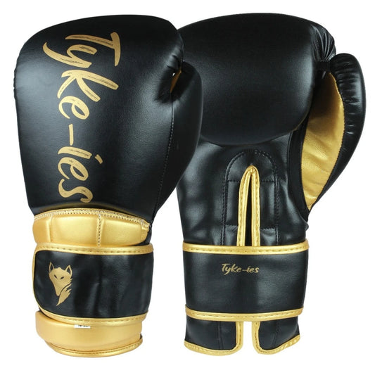 Black and gold Tyke-ies Elegant gloves pair showing the metallic fox logo and inner palm.