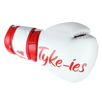 White and red Tyke-ies Elegant boxing gloves showing the rear impact protection zone.