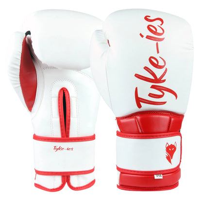 Technical breakdown of the white and red Tyke-ies Elegant series with custom fox branding.