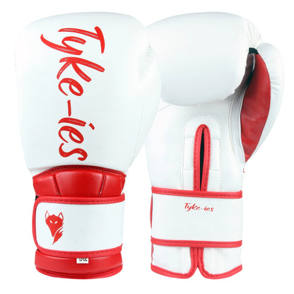 White and red Tyke-ies Elegant gloves showing the outer fox logo and reinforced inner palm.