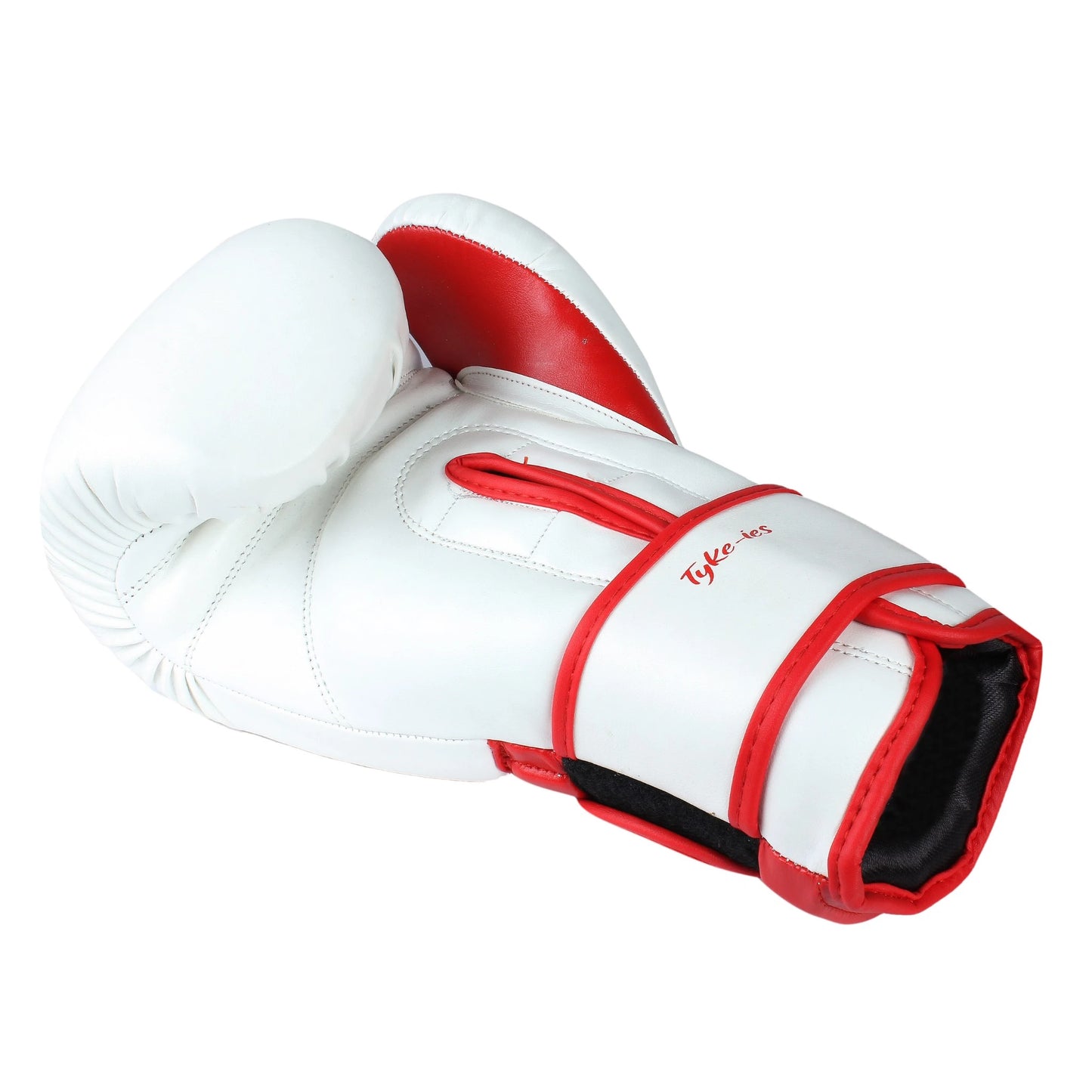 Inner view of white and red Tyke-ies Elegant gloves showing the grip bar and strap closure.