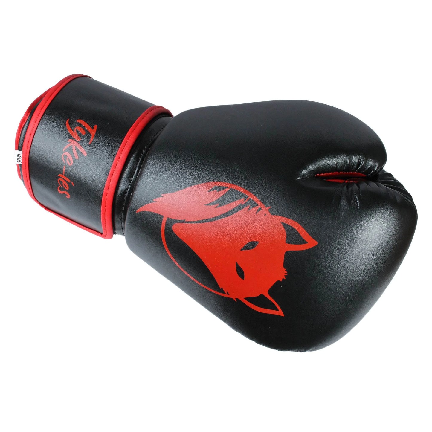 Back hand view of black and red Tyke-ies Swift boxing gloves showing the ergonomic padding.