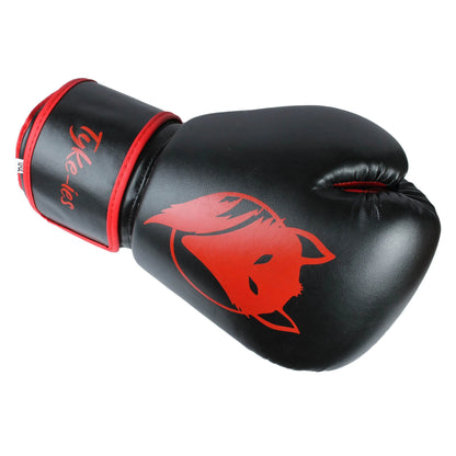 Back hand view of black and red Tyke-ies Swift boxing gloves showing the ergonomic padding.
