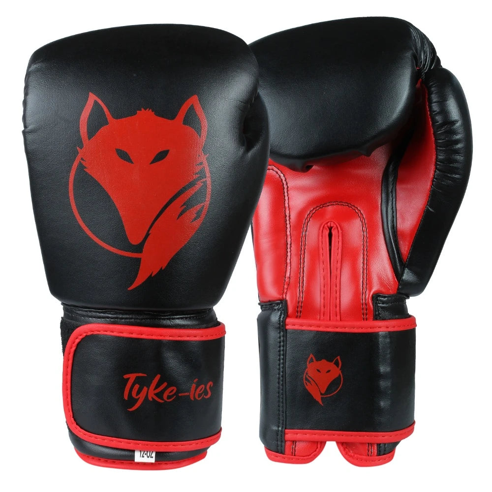 Pair of black and red Tyke-ies Swift gloves showing the striking outer design and inner palm.