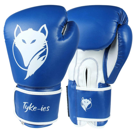 Blue Tyke-ies Swift boxing gloves showing the outer fox branding and the technical palm side.