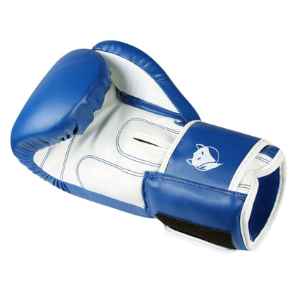 Inner palm view of blue Tyke-ies Swift gloves showing the grip bar and secure velcro strap.