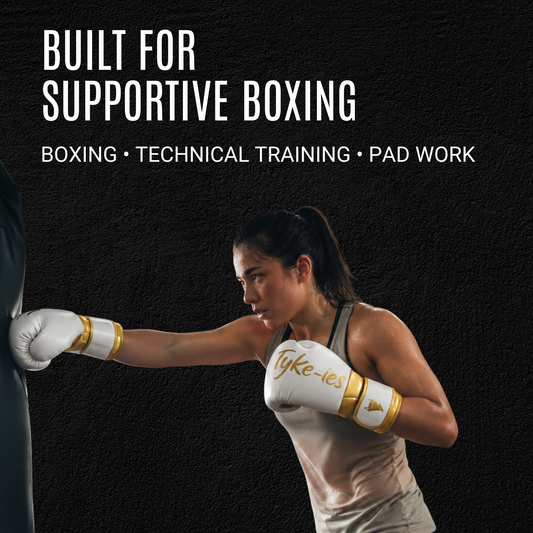Tyke-ies Elegant white and gold boxing gloves for boxing, technical training and pad work