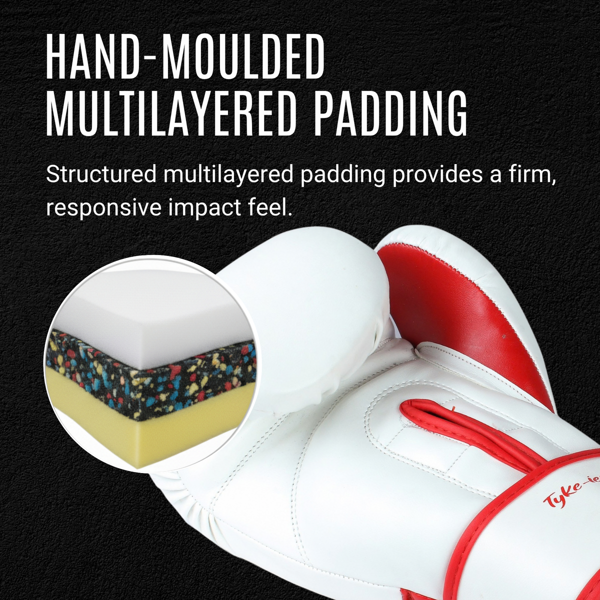 Tyke-ies Elegant white and red boxing gloves with hand-moulded multilayered padding