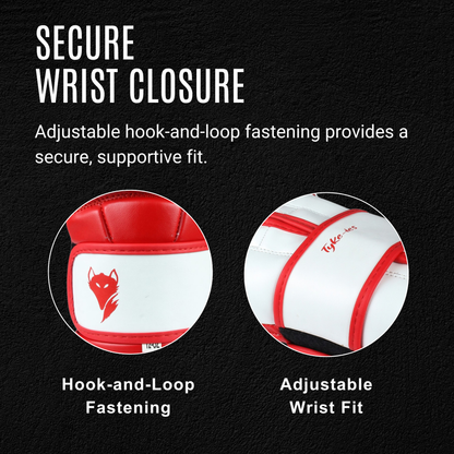 Tyke-ies Elegant white and red boxing gloves with adjustable hook-and-loop wrist closure