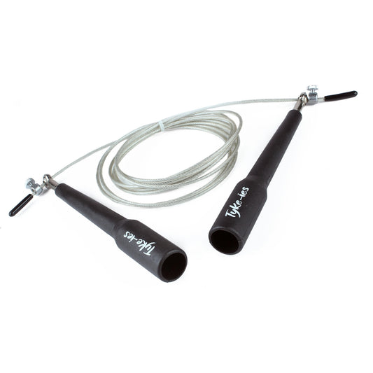 Black lightweight handles of the Tyke-ies Nimble jump rope for high-speed cardio.