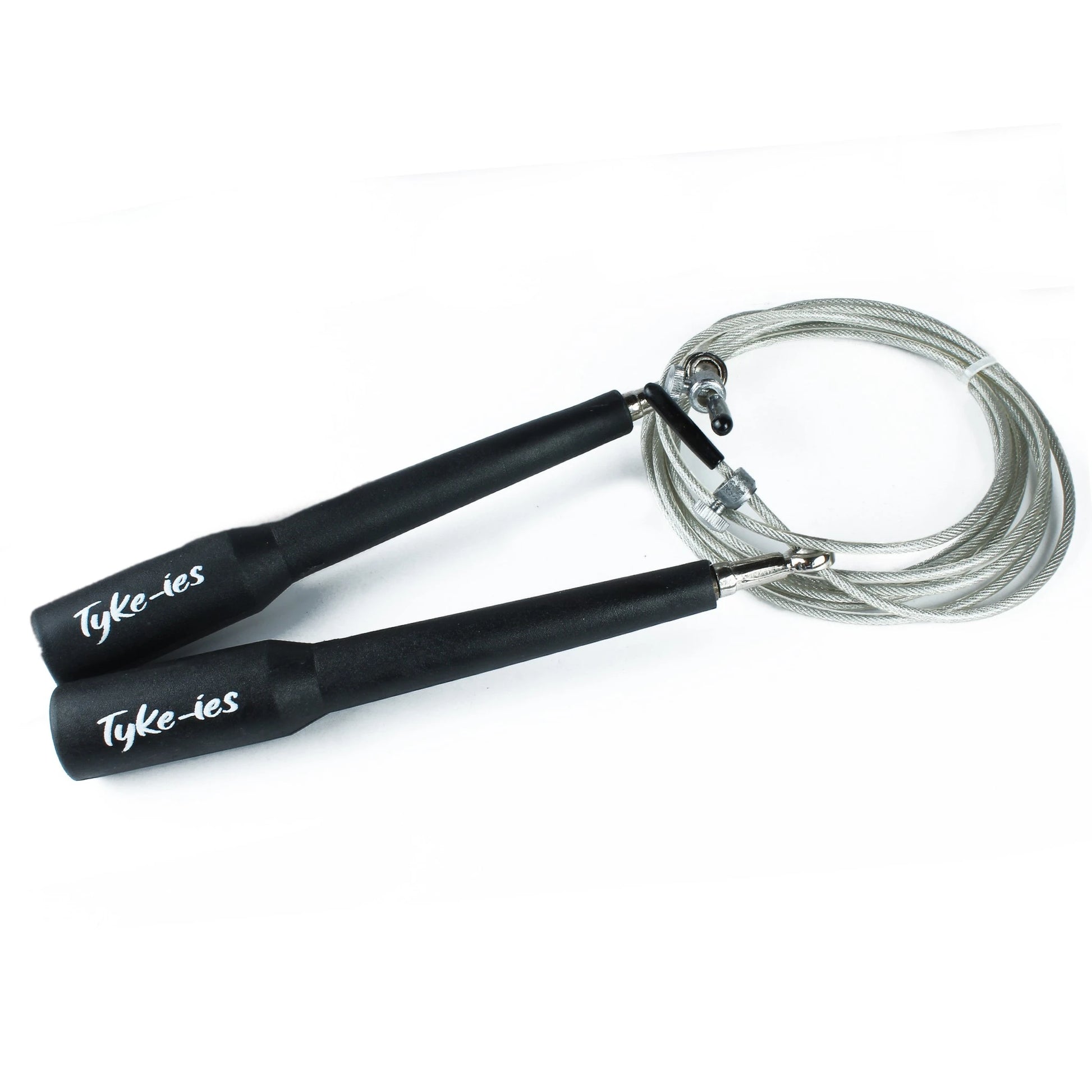 Adjustable length mechanism on the black Tyke-ies Nimble skipping rope for all heights.