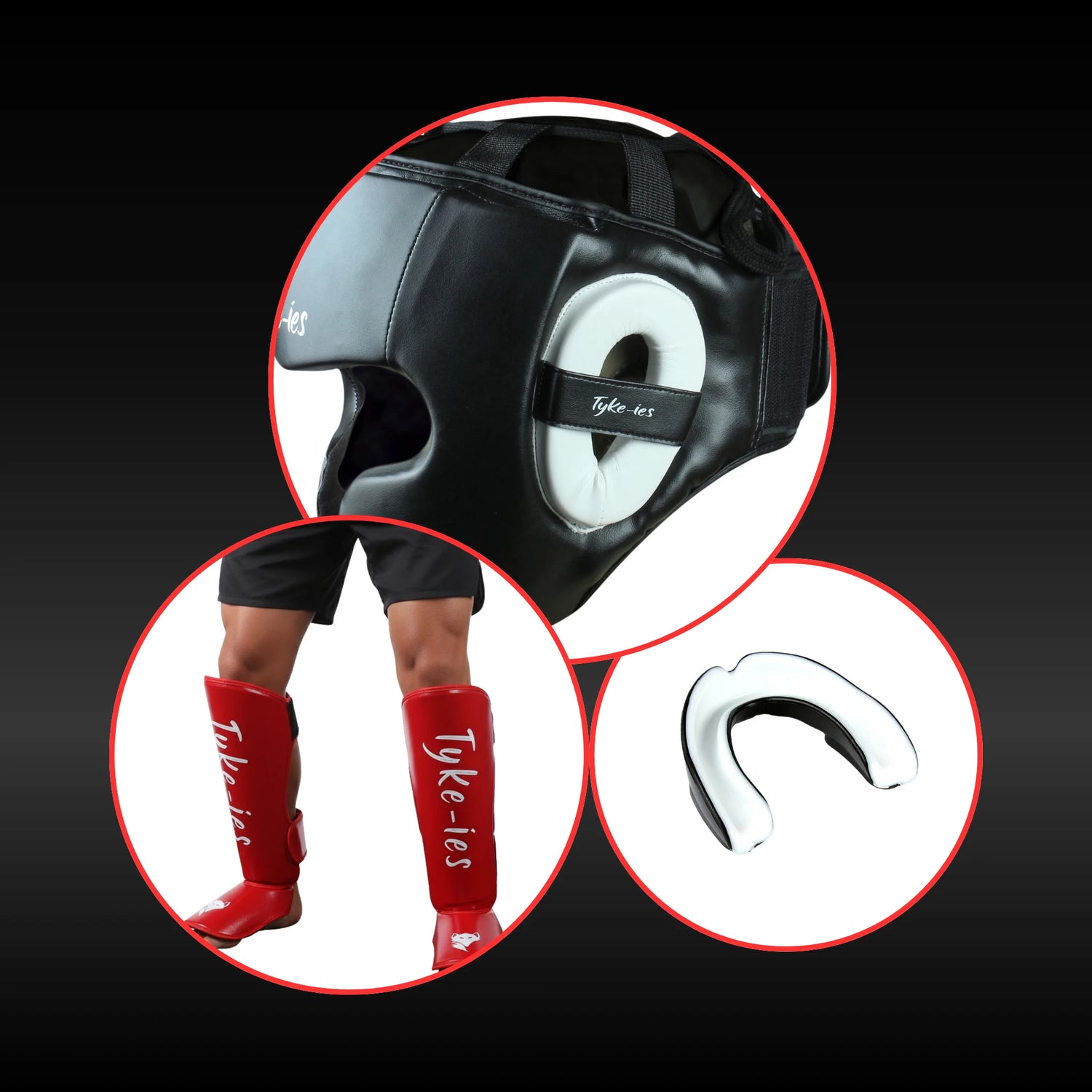 Tyke-ies professional combat sports protective gear including boxing headgear, shin pads, and mouthguards for sparring and training.