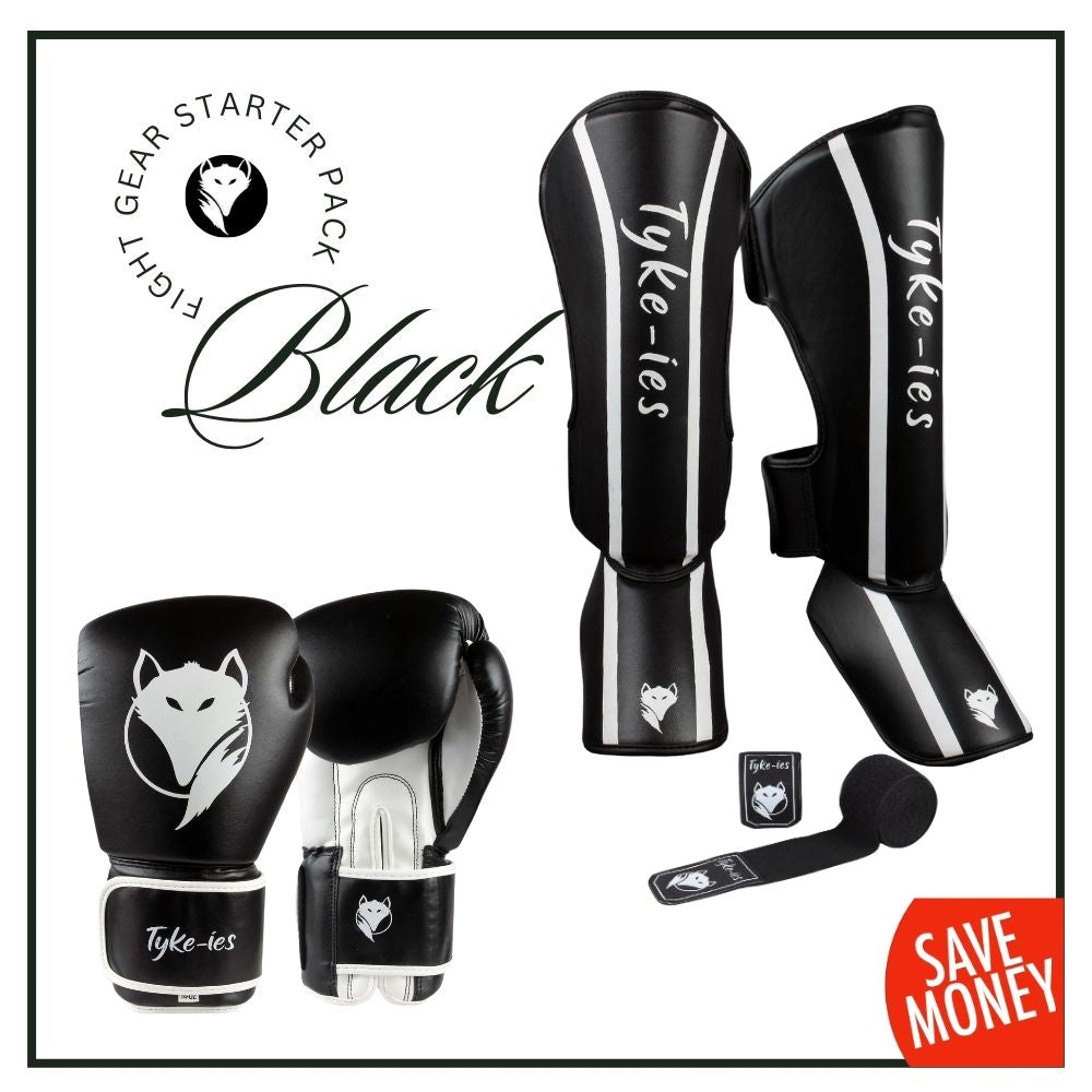 Tyke-ies black fight gear bundle  – complete set of premium gloves, wraps, and shin pads for unbeatable training value.