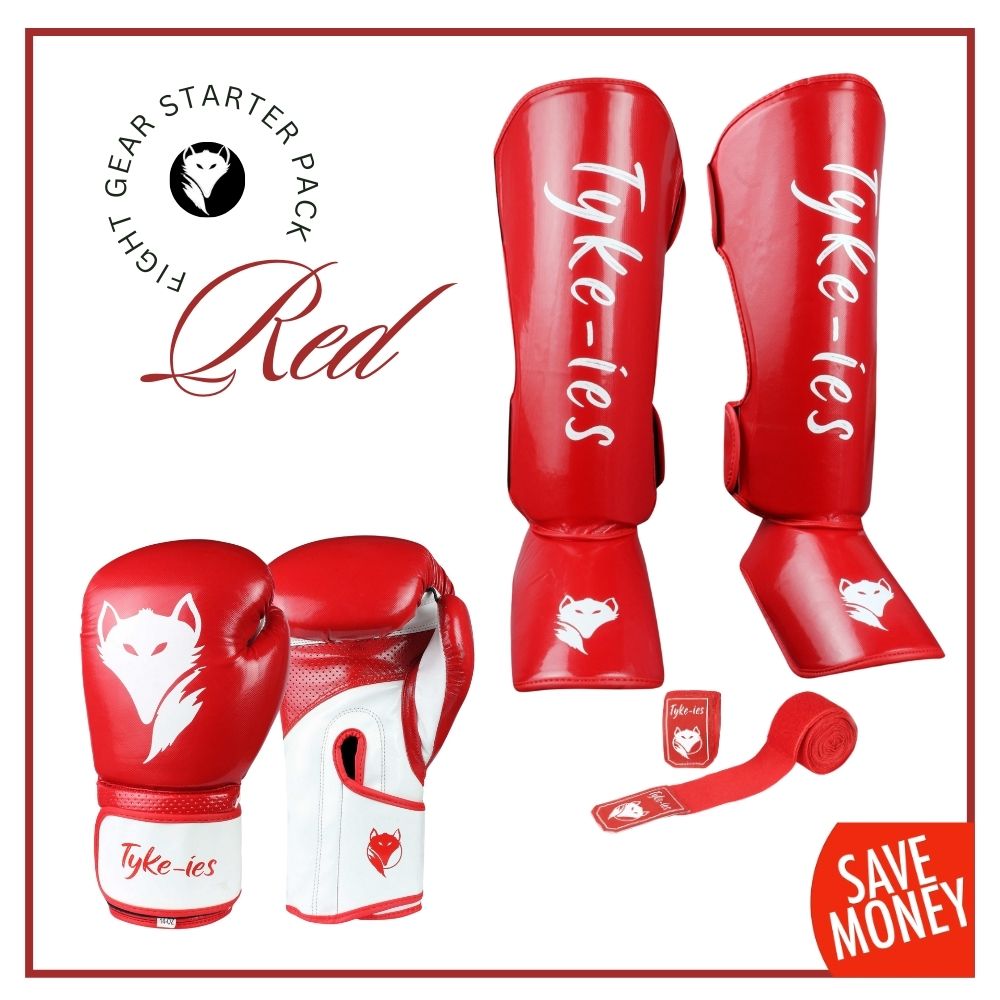 Tyke-ies red fight gear bundle  – all-in-one package including gloves, hand wraps, and shin guards.