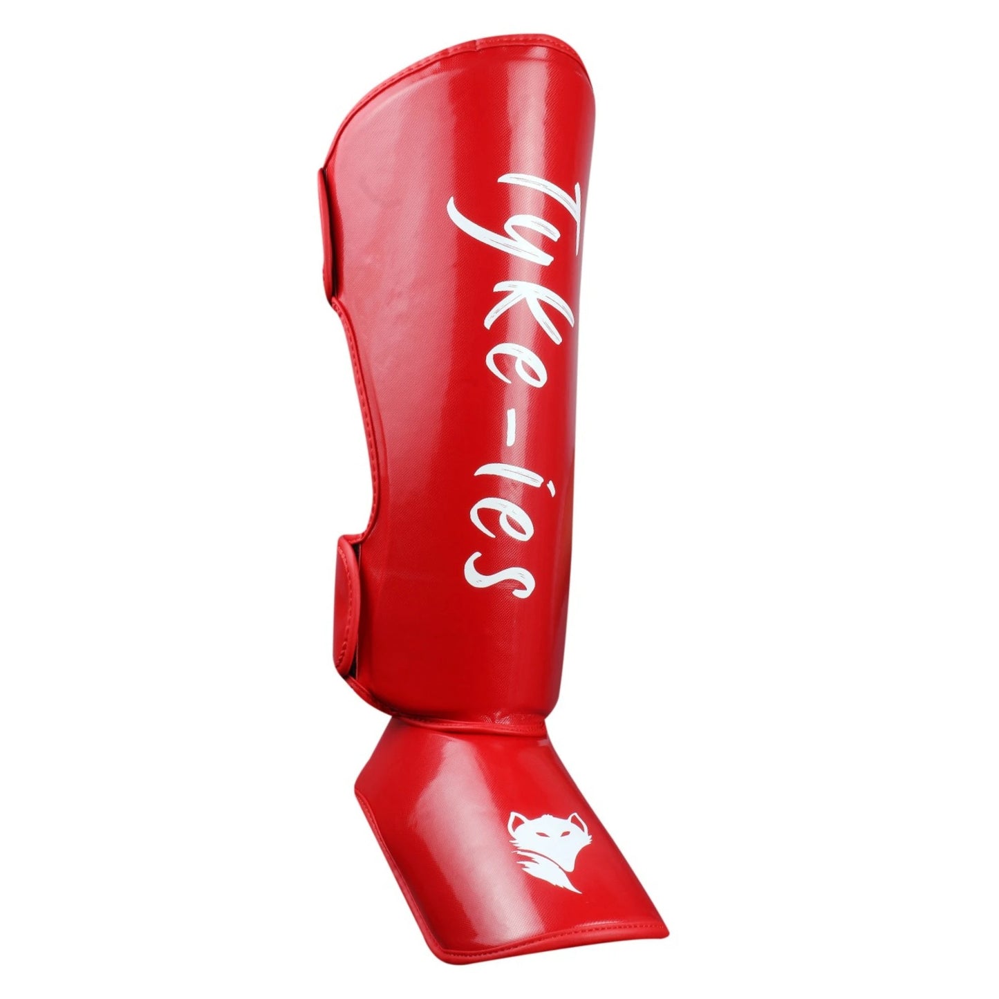 Side view of red Tyke-ies Protect shin guards showing the secure hook-and-loop closure.