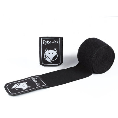 Pair of 4.5m black Tyke-ies Pure hand wraps with thumb loops and velcro closures.