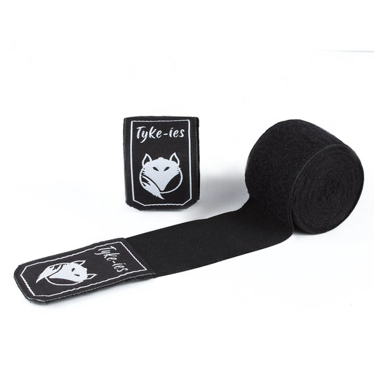 Pair of 4.5m black Tyke-ies Pure hand wraps with thumb loops and velcro closures.