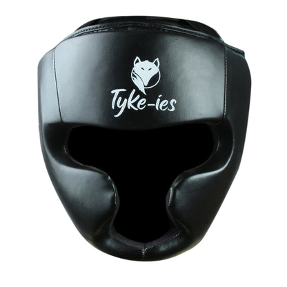 Front view of black Tyke-ies Shield headguard showing reinforced cheek protection.