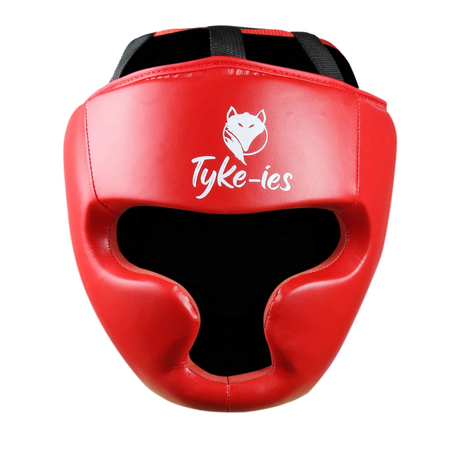 Front view of red Tyke-ies Shield boxing headguard with high-visibility face protection.