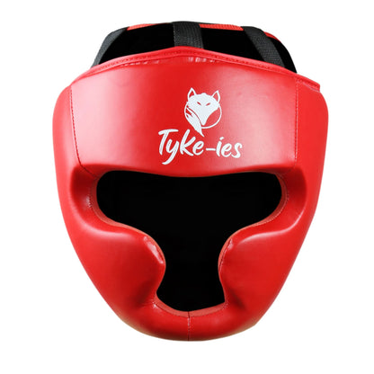 Front view of red Tyke-ies Shield boxing headguard with high-visibility face protection.
