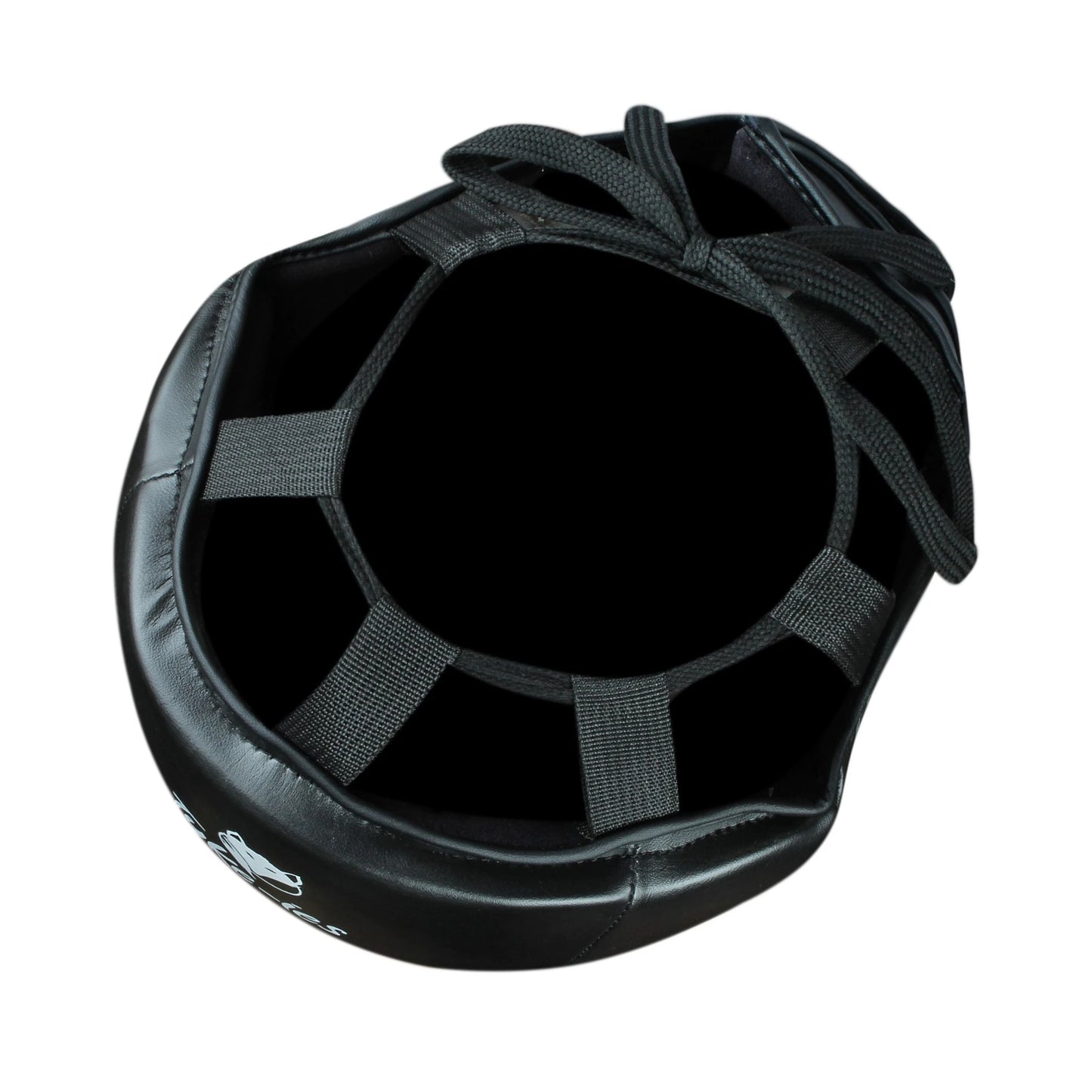 Top view of black Tyke-ies Shield headguard showing the adjustable top lacing system.