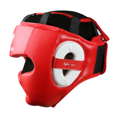 Side view of red Tyke-ies Shield headguard showing the secure padded cheek guard.