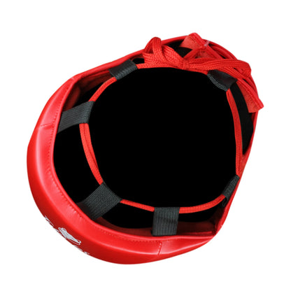 Top view of red Tyke-ies Shield headguard displaying the custom-fit lacing mechanism.