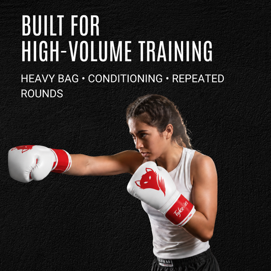 Tyke-ies Sleek white and red boxing gloves for heavy bag and high-volume training