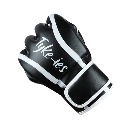 Close-up of black Tyke-ies Warrior MMA glove on left hand showing finger flexibility.