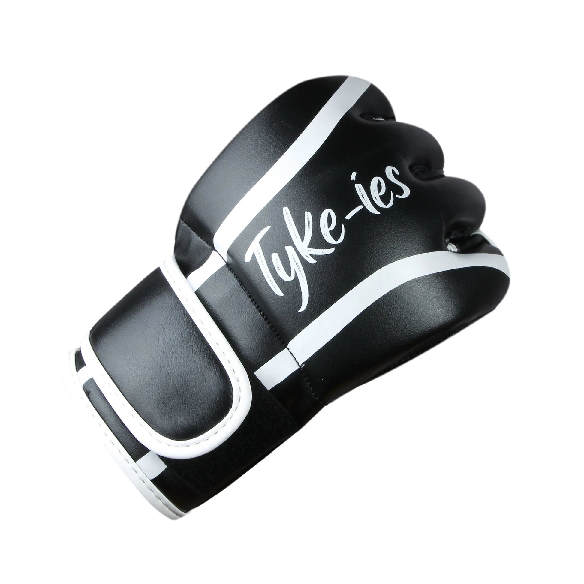 Right hand view of black Tyke-ies Warrior MMA glove highlighting the knuckle protection