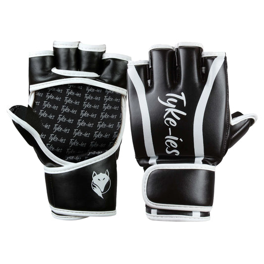 Technical view of black Tyke-ies Warrior MMA gloves with secure-strap wrist support.