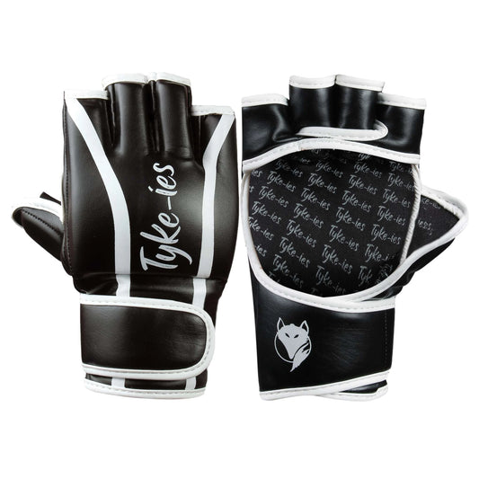 Pair of black Tyke-ies Warrior MMA gloves showing open-palm and knuckle padding.